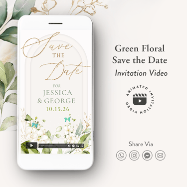digital save the date invitation, green florals save the date wedding invitation video