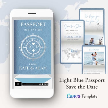 light blue passport save the date invitation video template, digital light blue save the date invite