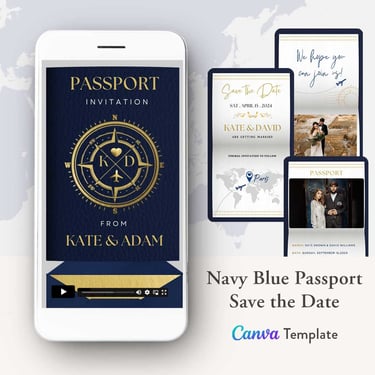 navy blue passport save the date invitation video template, digital dark blue save the date invite