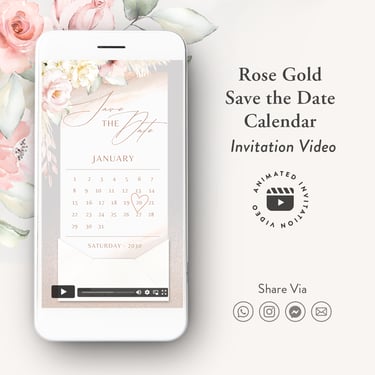 rose gold save the date calendar invitation video, digital save the date invite pink