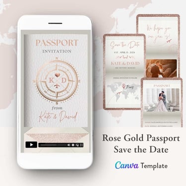 rose gold passport save the date invitation video template, digital rose gold save the date invite