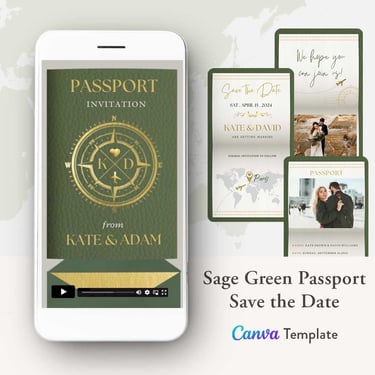 sage green passport save the date invitation video template, digital sage green save the date invite