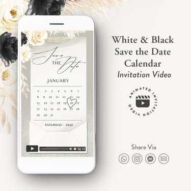 white and black save the date calendar invitation video, digital save the date invitation video