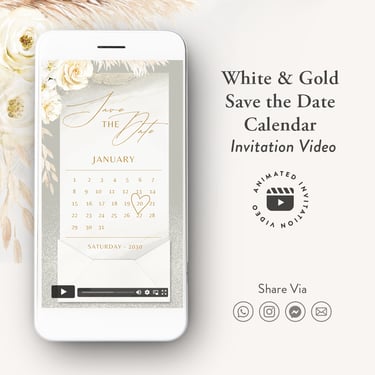 white and gold save the date calendar invitation video, digital save the date invitation video
