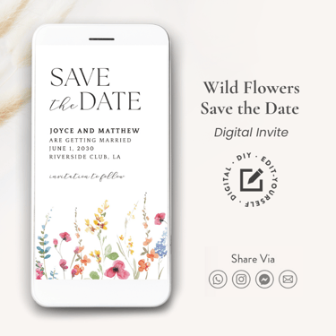 Floral save the date, wild flower save the date wedding invitation, digital save the date template