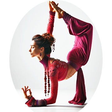 a woman in a red dress doing a yoga pose