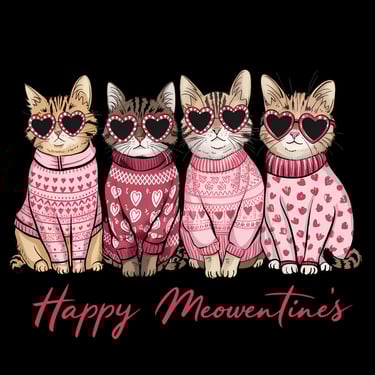 three cats wearing sweaters and sunglasses with hearts on them