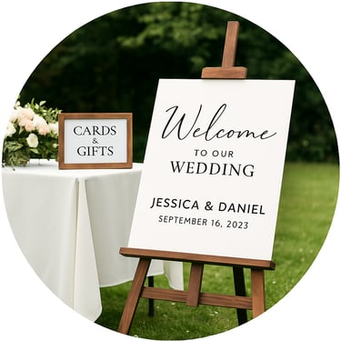 a wedding sign board with a welcome sign on it