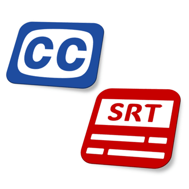 Closed Caption (CC) and SubRip Subtitle (SRT) logos representing captioning and subtitling services