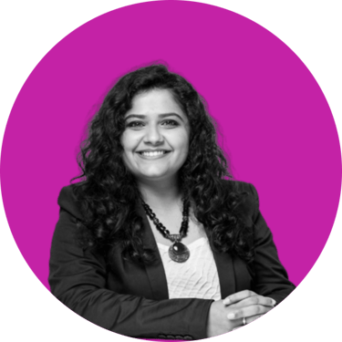 a woman in a black and white photo with a purple background
