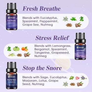 Infographic showing 3 Ethlauff oils with blend ingredients like mint, citrus, sage, nutmeg