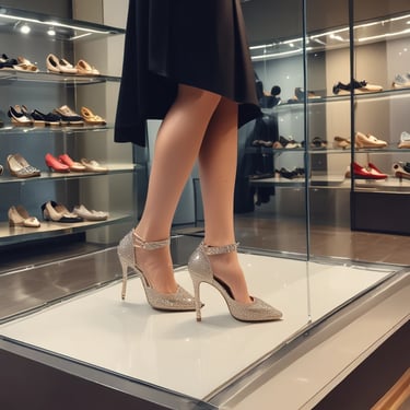 a woman's legs and shoes in a display case