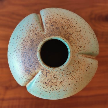 wheel-thrown and altered vase, spray-glazed with a base coat of green and top coat of earthy brown