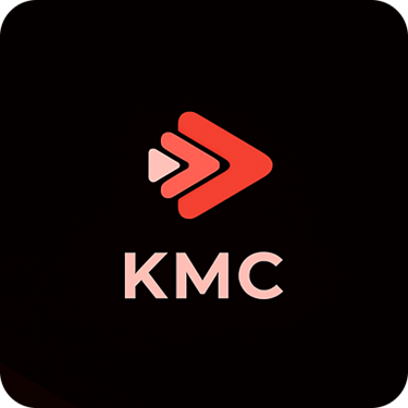 KMC Logo in red on dark background