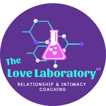 business logo named The Love Laboratory with a Science beaker holding some hearts