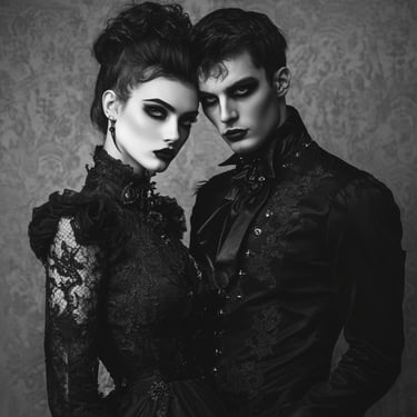Dark Gothic Romance. Goth Couple: Guy and Girl. Dramatic Black Victorian Vibe