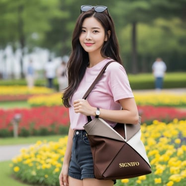 Model SIGNIGIRL dengan totebag dari kain kanvas polyester SIGNIFO tema Sahara Desert.
