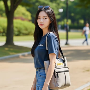 Model SIGNIGIRL dengan totebag dari kain kanvas polyester SIGNIFO tema Sahara Desert.