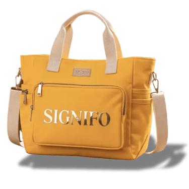Contoh aplikasi kain kanvas polyester SIGNIFO warna Kuning Tua dalam bentuk utilitarian tote bag.