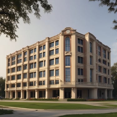 Students walking through Subharti University's tree-lined pathways on a sunny day.