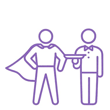 it's all about you icon depicting a superhero in a cape standing next to a butler holding a tray