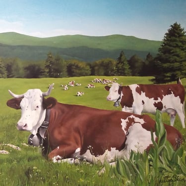 Détail d'une peinture murale: Un paysage jurassien avec des vaches qui paissent. Orgelet, Jura (39).