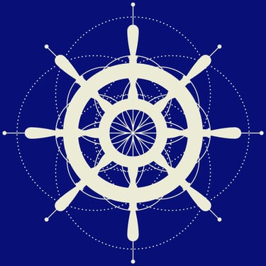 a white ship wheel with a blue background