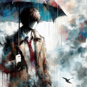 Anime artwork featuring a Man In a brown Jacket holding an umbrella in the rain | simcaart.com Anime