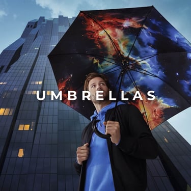 "Umbrellas", a man holding a galaxy umbrella