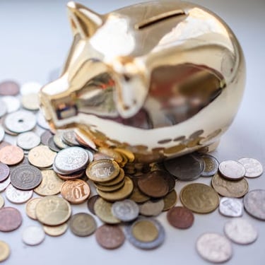 golden piggy bank and coins representing savings and saving money for financial goals and retirement