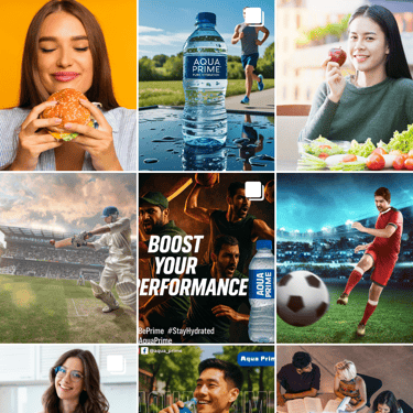 multiple picture of a brand aqua prime with sports and foods related pictures