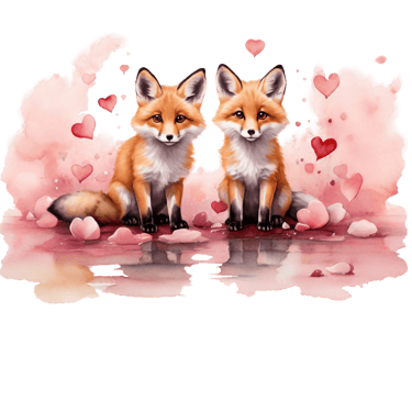 two foxes sitting on a cloud with hearts