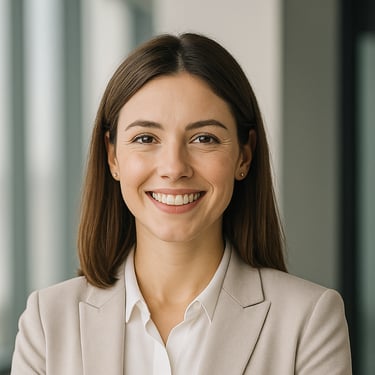 Advogada sorridente em escritório moderno de advocacia.