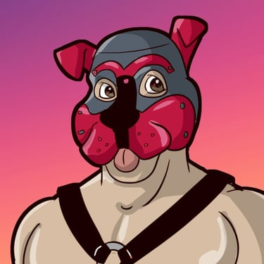 Cartoon of man in pup mask.