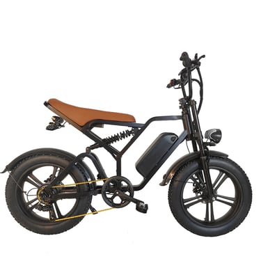 a black and white bike with a brown seat