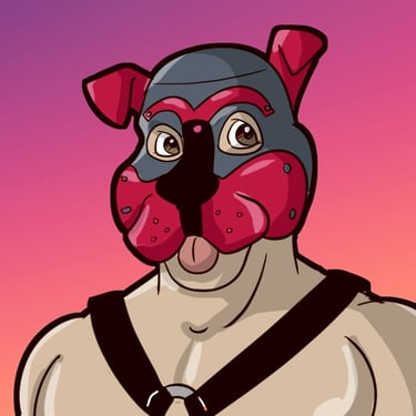 Cartoon of man in pup mask.