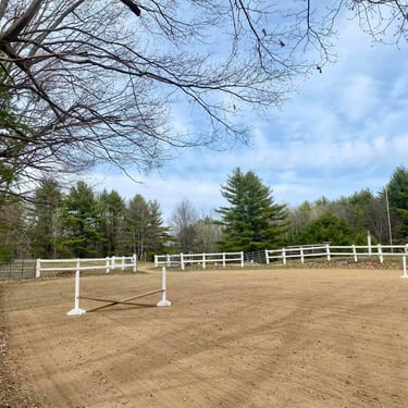 a horse riding arena with white fenced in area and trees