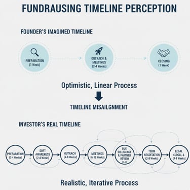 Comparison of founder vs. investor fundraising timelines showing differences in perception and proce