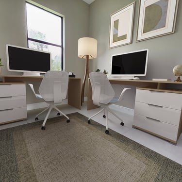 Digitally staged den as a office featuring 2 desks, 2 chairs, lamp and computers