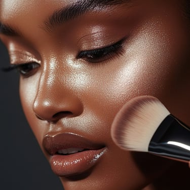 a woman with a  makeup brush in her hand