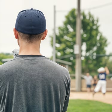 A youth baseball coach watches a game from the dugout.