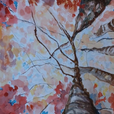 A painting looking up at trees