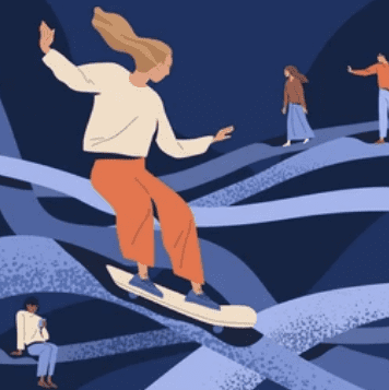 a person on a surfboard in an ocean of other streets and people