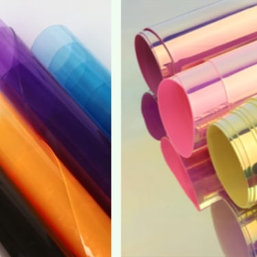 Rolls of clear and colorful PVC, EVA, and TPU materials, waterproof and modern.