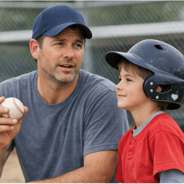 A youth baseball coach encourages his player who wears the White Baseball Badge on his helmet.