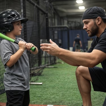 A youth baseball coach provides a private hitting lesson to a young player in an indoor facility.