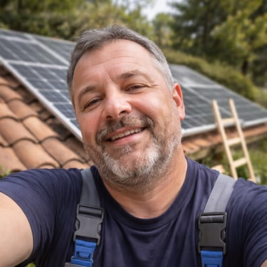 a man in overalls and overalls standing in front of a solar paneled
