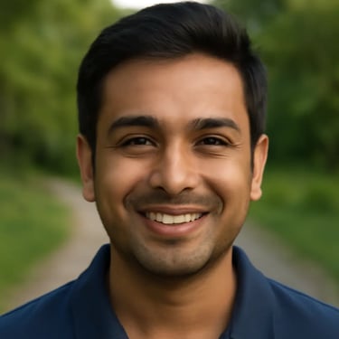 a man in a blue shirt smiling at the camera