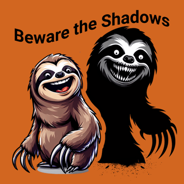 Cute smiling sloth with terrifying shadow monster behind it