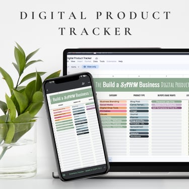 Laptop showing organized folders of pre made business content